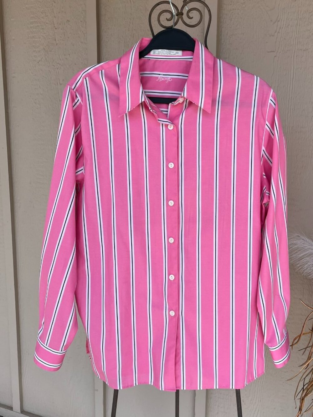 Foxcroft Shirt Button Down Long Sleeve Pink White Black Stripes No Iron 12